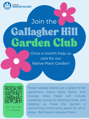Colorful poster describing the Gallagher Hill Garden Club, with blue and pink flowers.