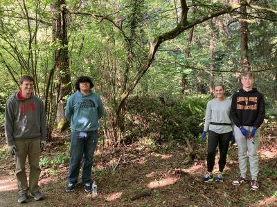 Four volunteers standing in front of a large pile of ivy that they removed, in a forest with dappled light.