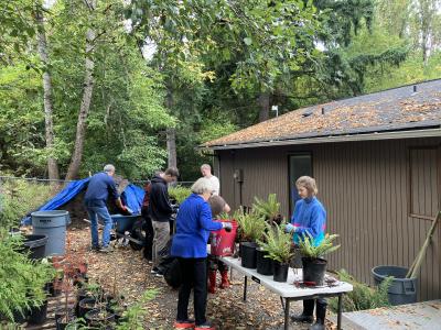 A group of volunteers standing around a table, working on potted plants.