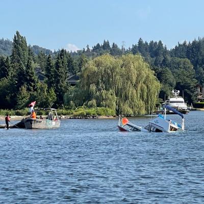 Sunken boat in lake
