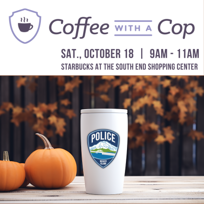Coffee mug with fall background and pumpkins with Mercer Island Police logo.