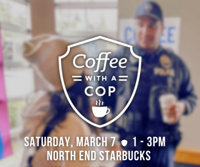 Blurred image of two people talking. Overlay coffee with a cop logo.