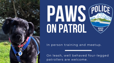 Paws on Patrol advertisement with Mercer Island Police badge and image of stuffed dog wearing Paws on Patrol tag.