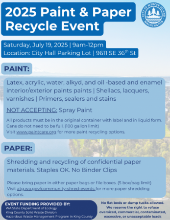 Flyer that details what items will be accepted at the Summer 2025 Paint and Paper event.