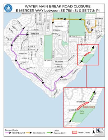 A map of the section of East Mercer Way that is closed.