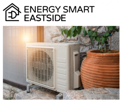 Energy Smart Eastside logo with photo of a heat pump