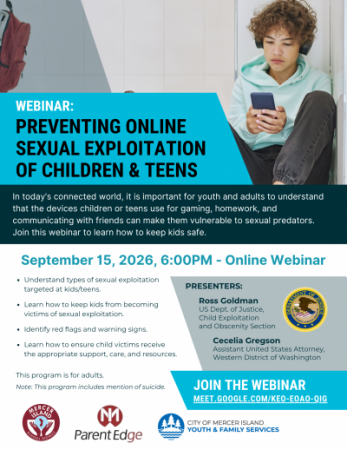 Flyer for Webinar on Preventing Sexual Exploitation of Children and Teens
