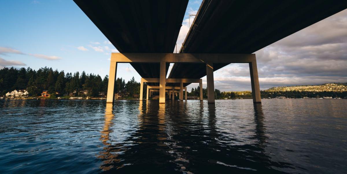 Underview of I-90 bridge from Mercer Island NE boat docks.