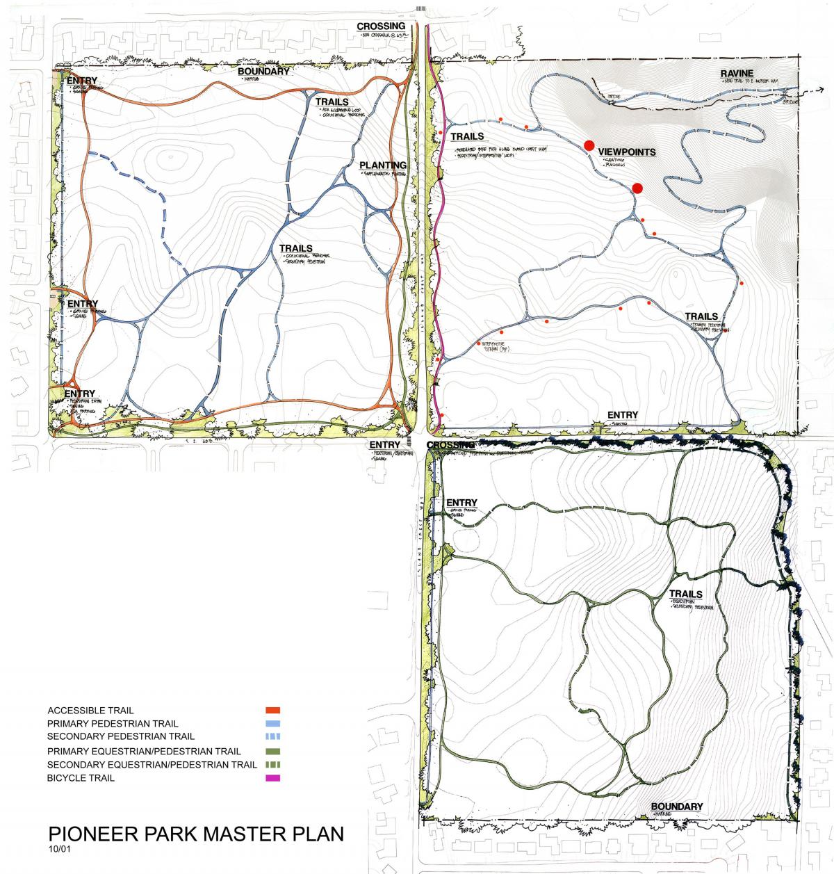 A master plan document with three park quadrants and different colored lines indicating trails, bike paths, and other features
