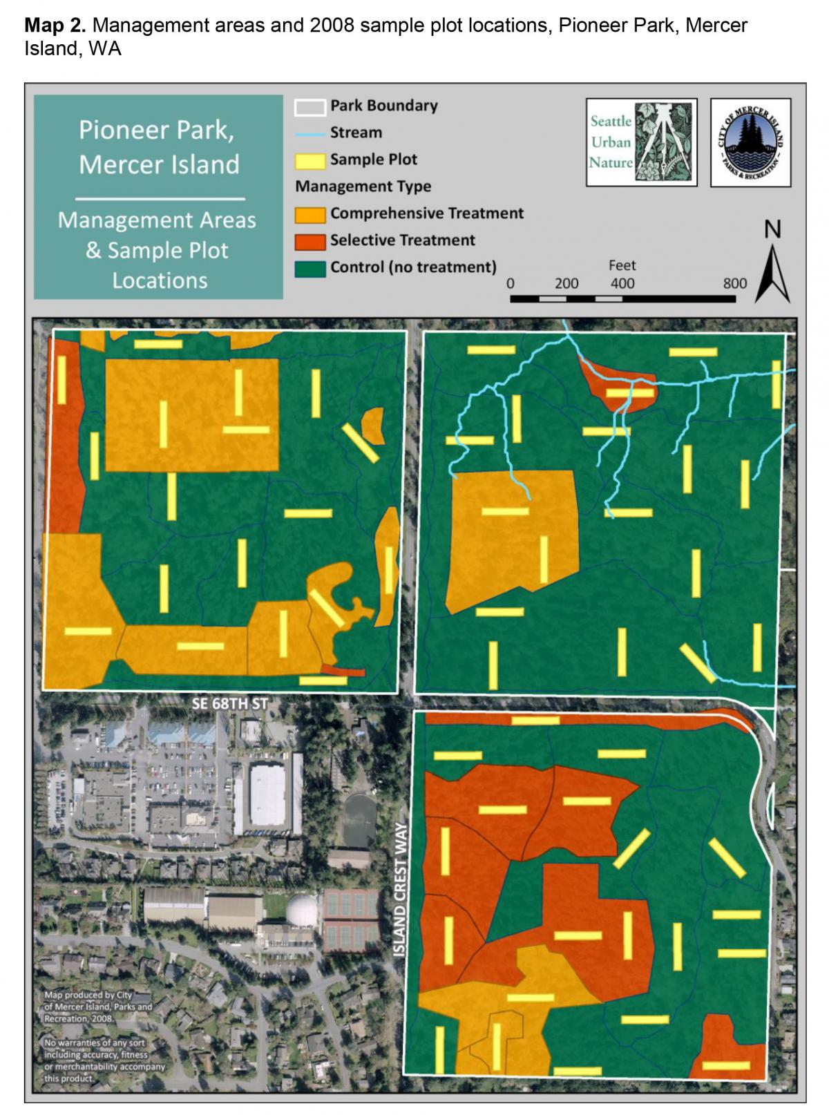 A map illustrating forest management areas and sample plot locations in a large urban park