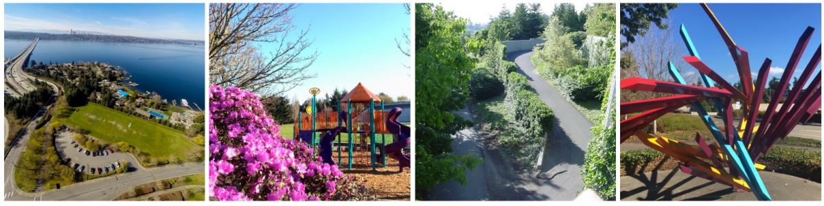 Ariel View of Mercer Island, Play Structure with Flowers, Winding Road through the trees, Art Sculpture