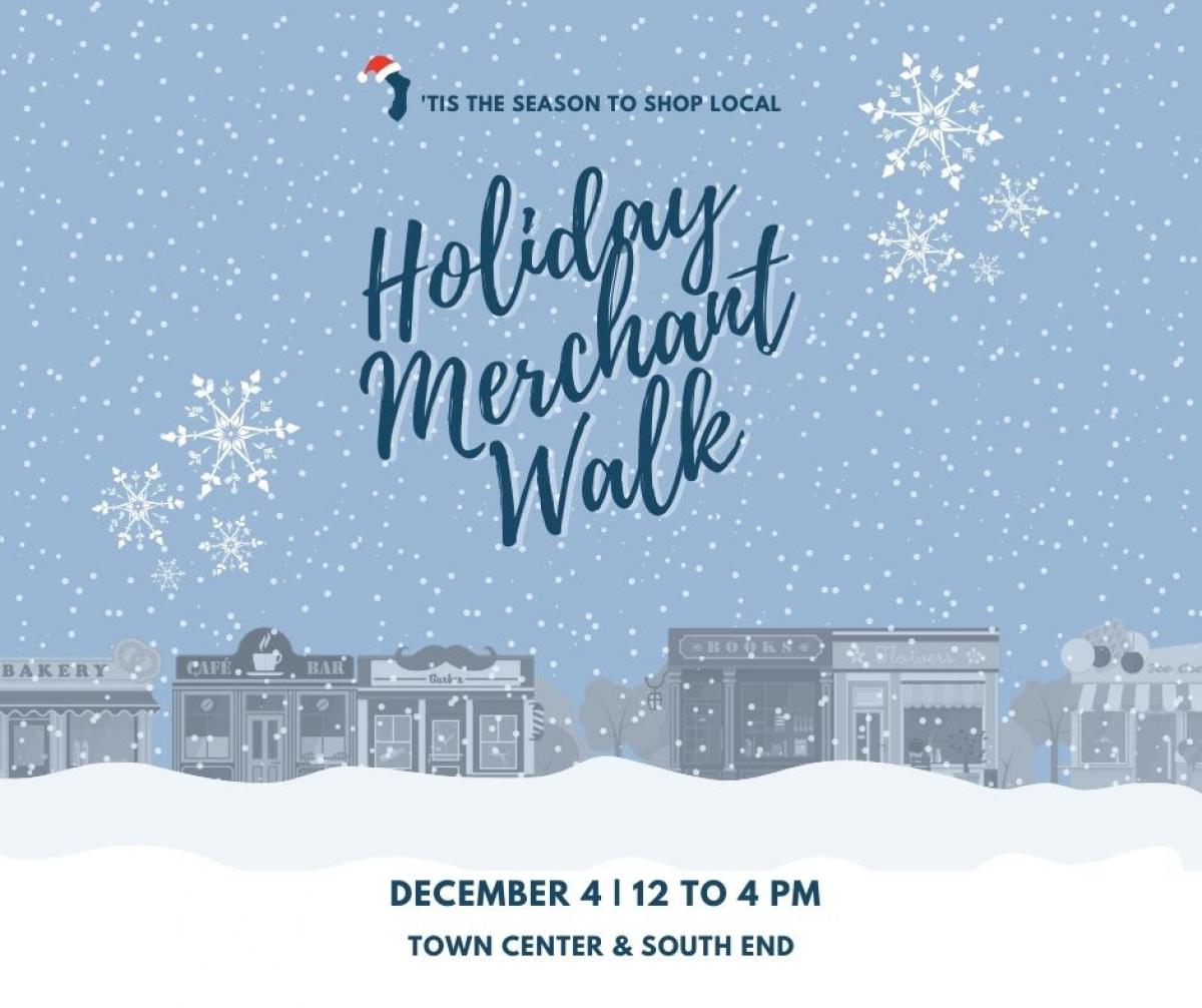 Illustration of Main Street in winter, advertising a Holiday Merchant Walk on Mercer Island