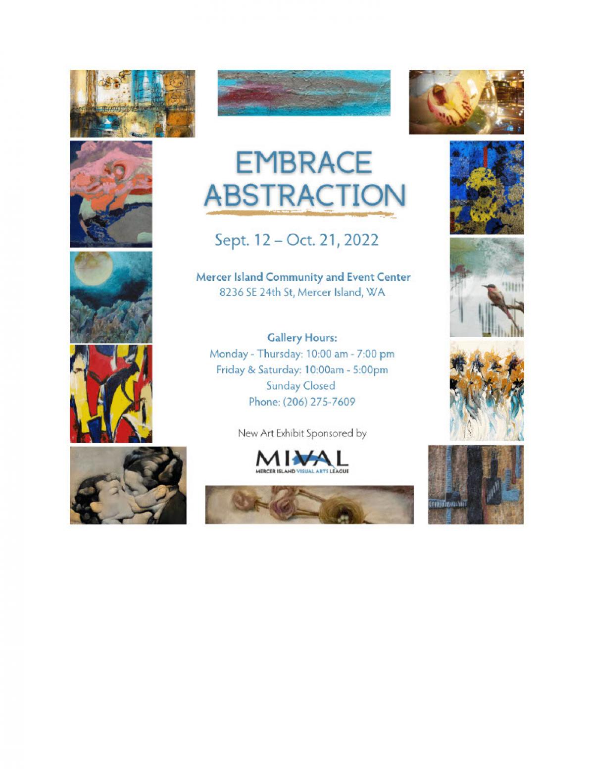 A poster advertises a gallery exhibit of abstract art by Mercer Island artists