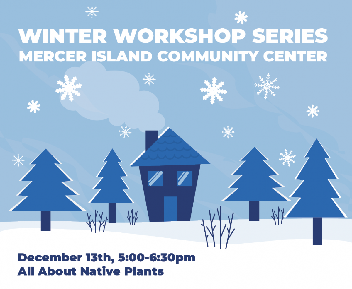 Graphic of a house in a forest with snow. Text on poster reads: Winter Workshop Series, Mercer Island Community Center