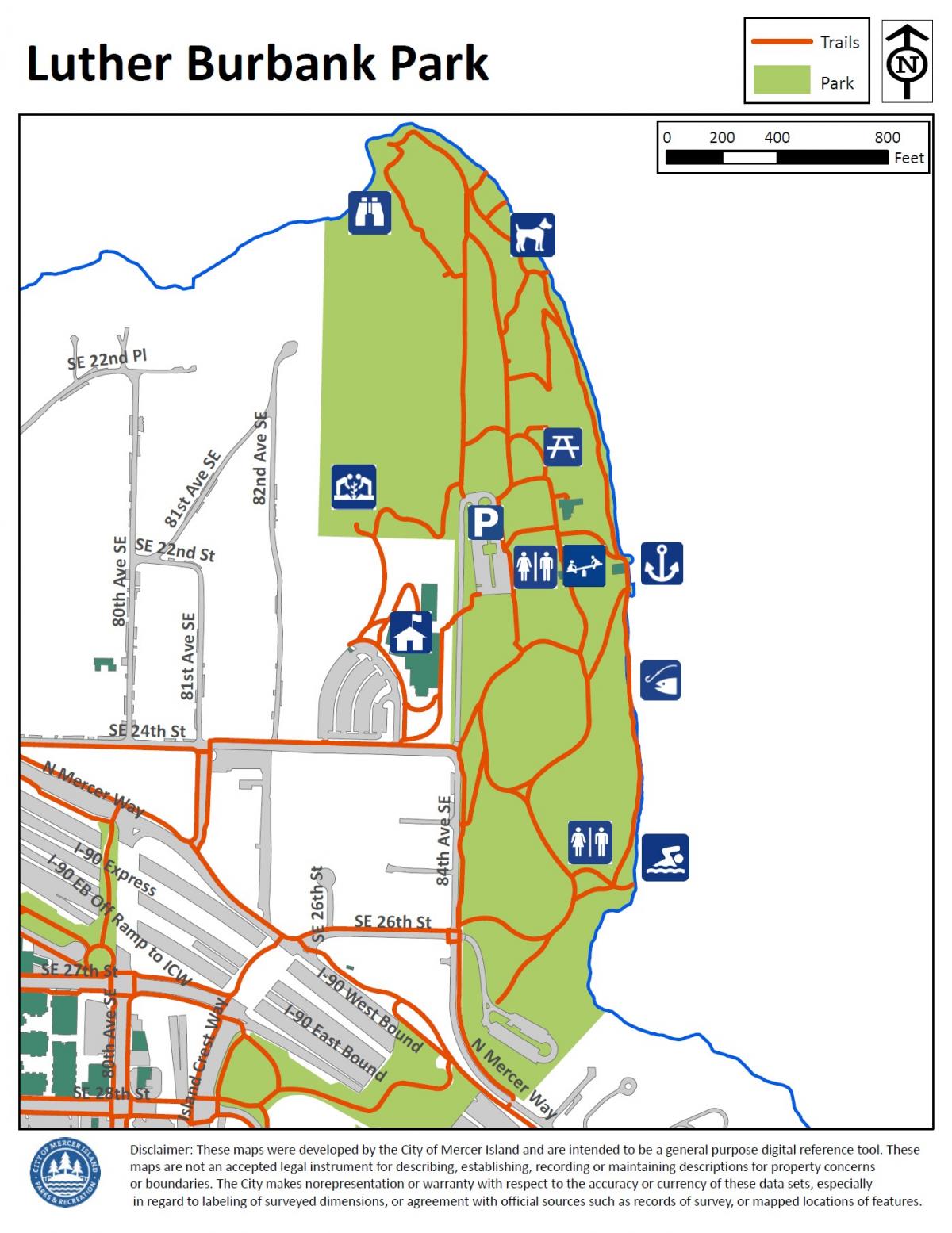 Map of trails in Luther Burbank Park in Mercer Island, WA. 