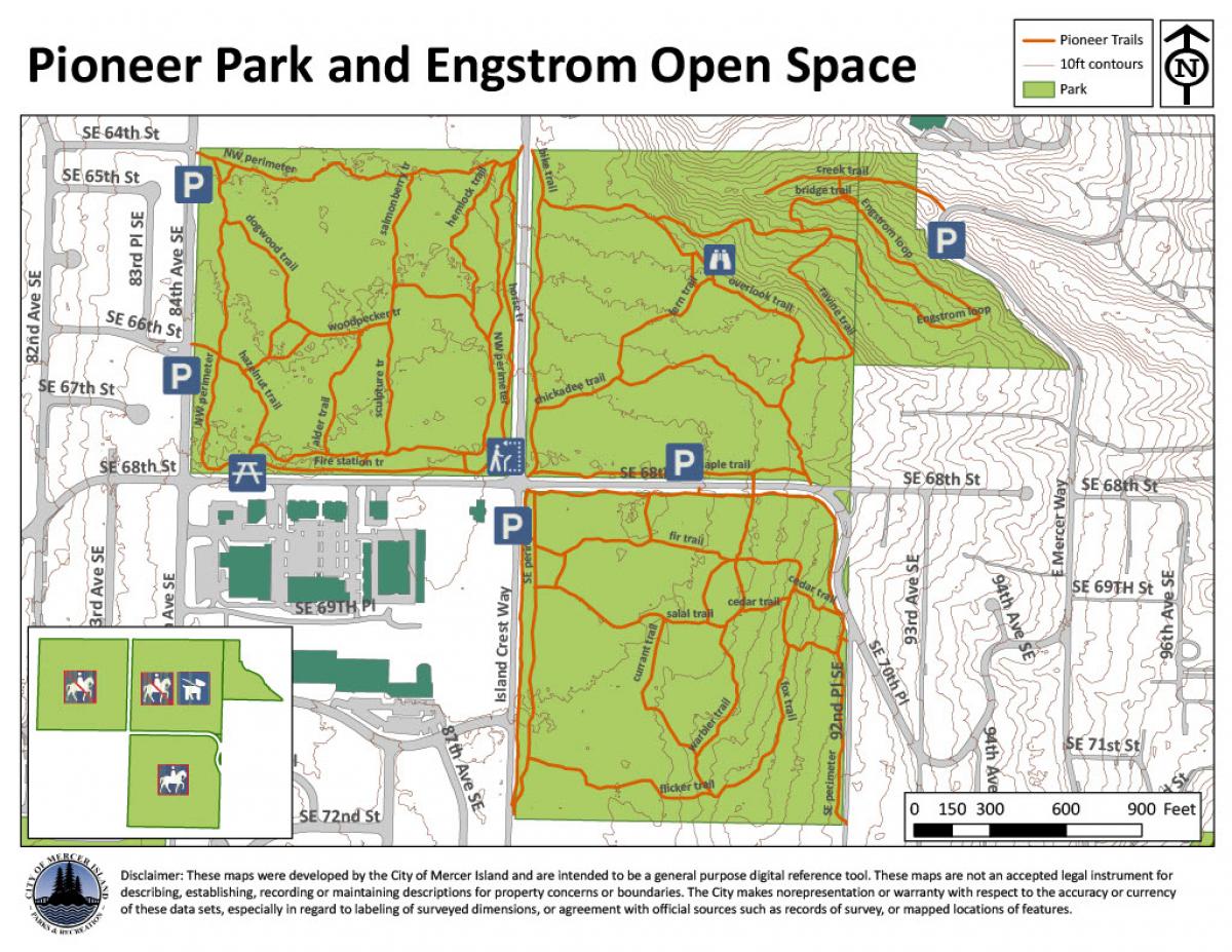 Map of trails in Pioneer Park and Engstrom Open Space on Mercer Island, WA