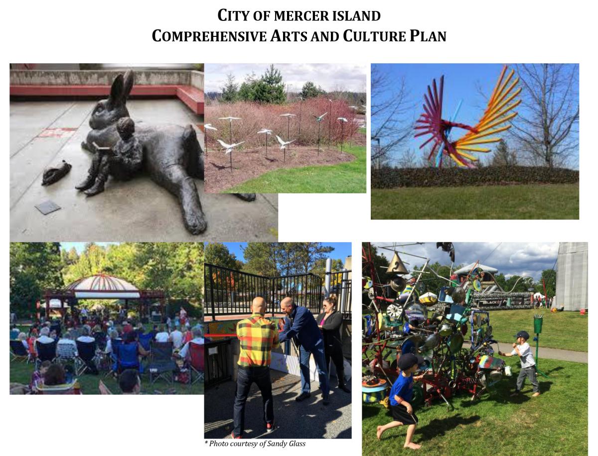 A collage of images featuring public artworks and the title City of Mercer Island Comprehensive Arts and Culture Plan